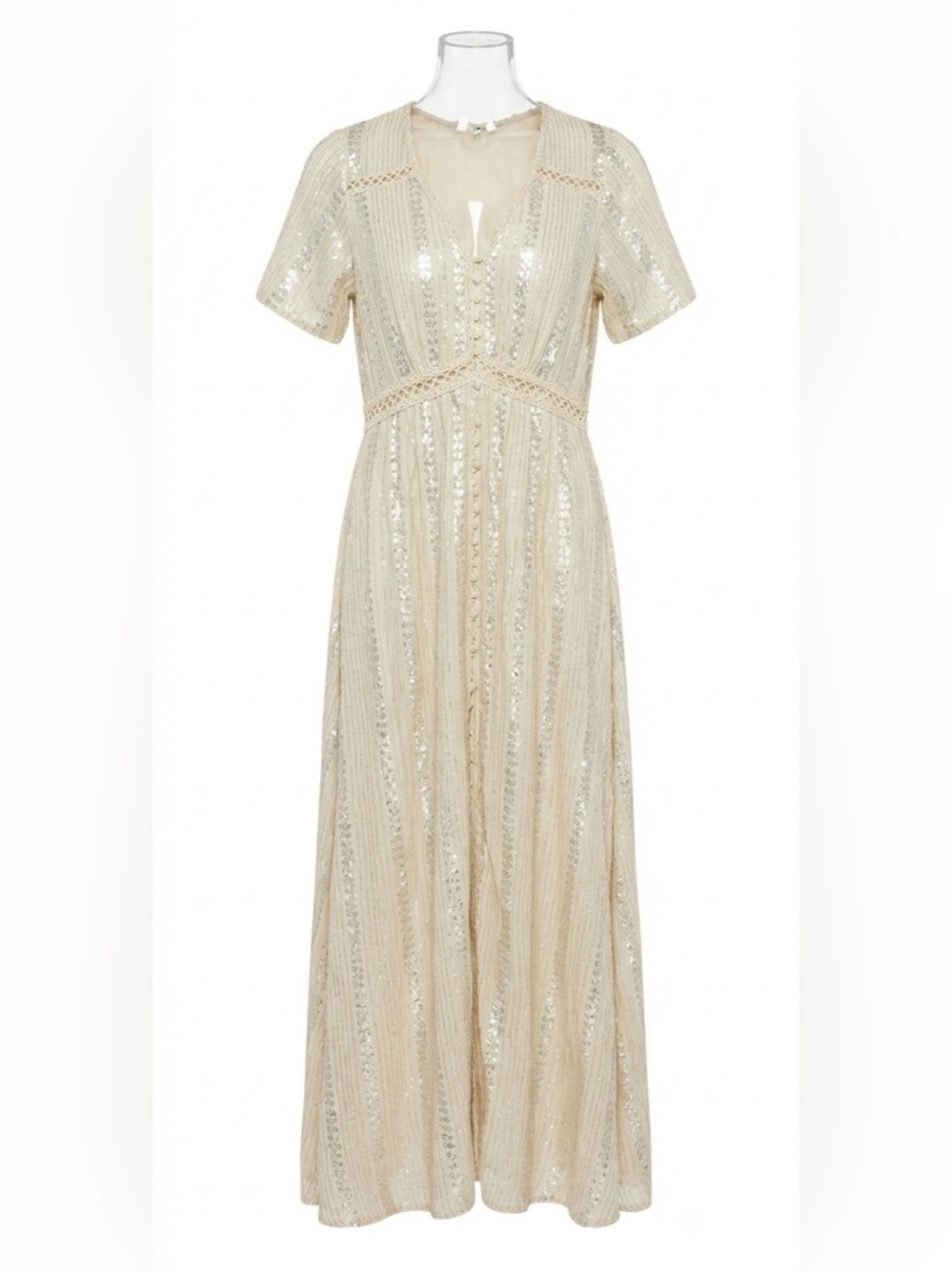 Label Ritu Kumar Cream Sequin Boho Maxi Dress Empire Waist Size MEDIUM